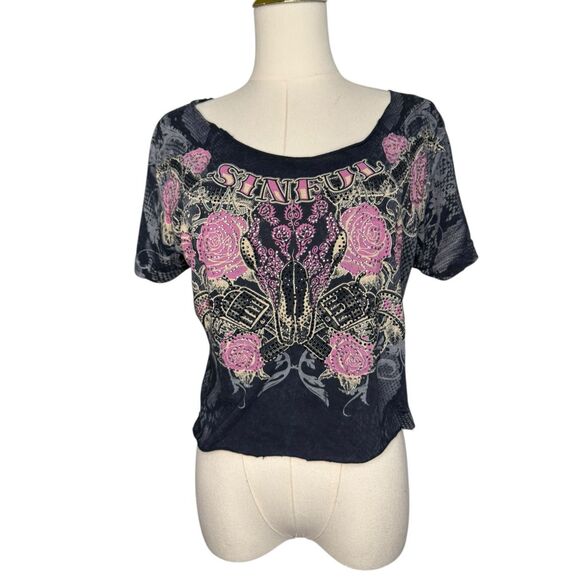 Vintage Women’s Medium Sinful Crop Top Gray Rhinestones Roses Cut Out Back Y2K - Picture 2 of 7